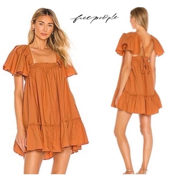 Free People Imogene Dress Terra Cotta Ruffle Mini Short Sleeve Square Neck (M) - Picture 1 of 8